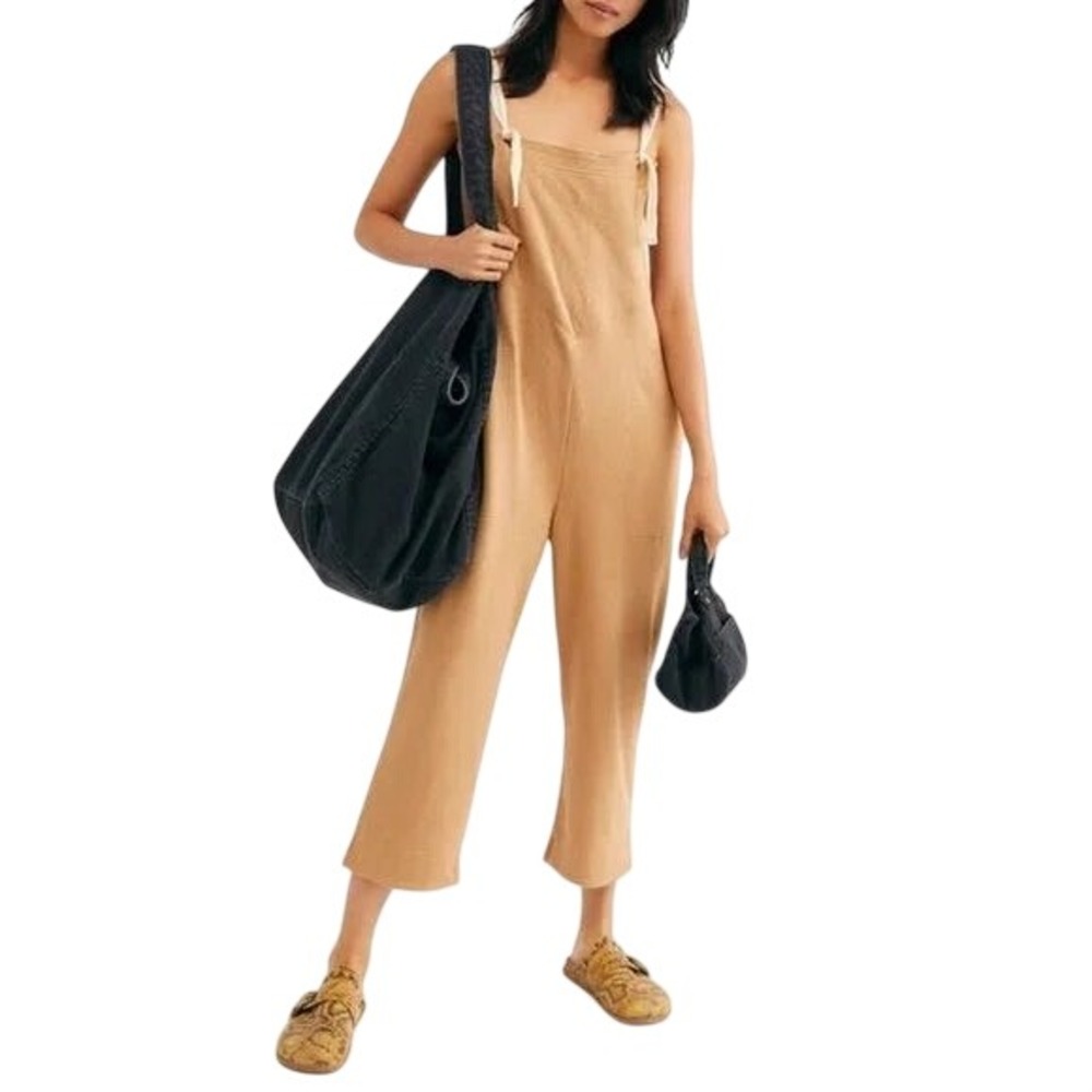 Free People Beach Lucy Overalls Womens Dark Tan Knit Beachy Boho Wide Leg Earthy
